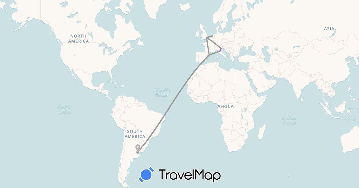 TravelMap itinerary: driving, plane, train in Argentina, Spain, United Kingdom, Italy, Netherlands (Europe, South America)